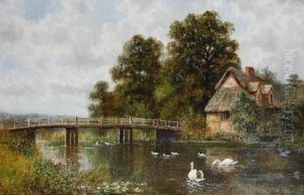 Swans On A River Before A Thatchedcottage Oil Painting by Daniel H. Winder