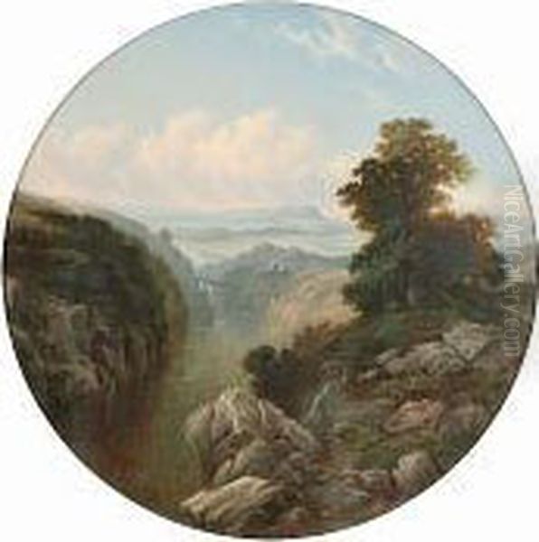 A Mountainous River Landscape, Together With Another Similar, A Pair, Circular Oil Painting by Daniel H. Winder