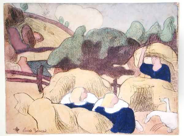 Women Making Haystacks, from the series 'Les Brettoneries', 1889 Oil Painting by Emile Bernard