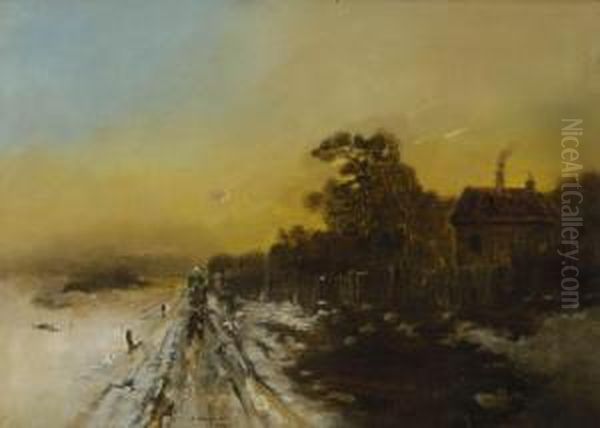 Winterliche Dorfstrase. Oil Painting by Anton Windmaier