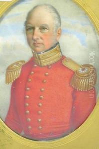 Portrait On Ivory Panel, Of A Military Gentleman In Scarlet Uniform Oil Painting by Adolphus Wing