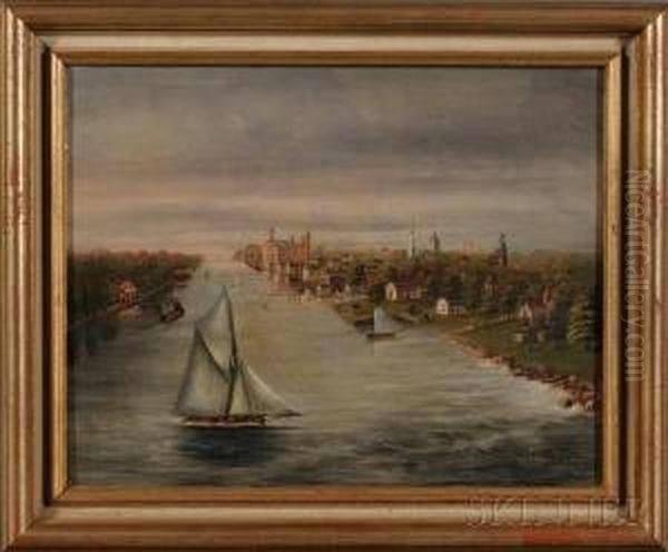 Mill Town On River, Probably In Rhode Island Oil Painting by Anna Belle Wing Kindlund