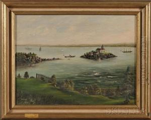 Ocean View With Island And Ships Oil Painting by Anna Belle Wing Kindlund