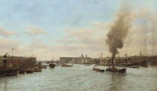 Below London Bridge, Looking Upstream, Old Billingsgate Fish Marketon The Right Oil Painting by F.A. Winkfield