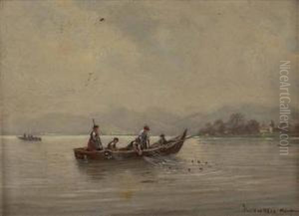 Fischerboot Am Chiemsee Mit Blick Auf Die Fraueninsel Und Das Nonnenkloster Mit Kirchturm Oil Painting by Karl Winkler