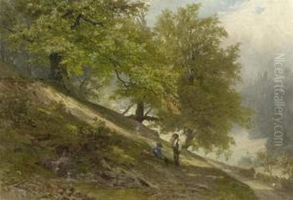 Two Hikers In A Forest Landscape Oil Painting by Olof Winkler