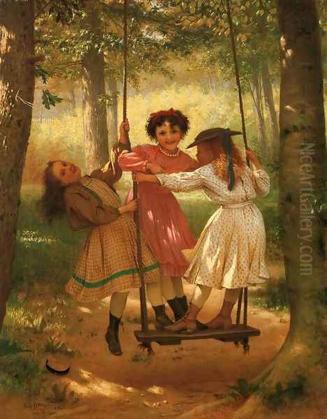 Three Girls on a Swing Oil Painting by John George Brown