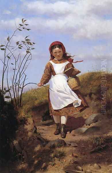 A Breezy Morning Oil Painting by John George Brown