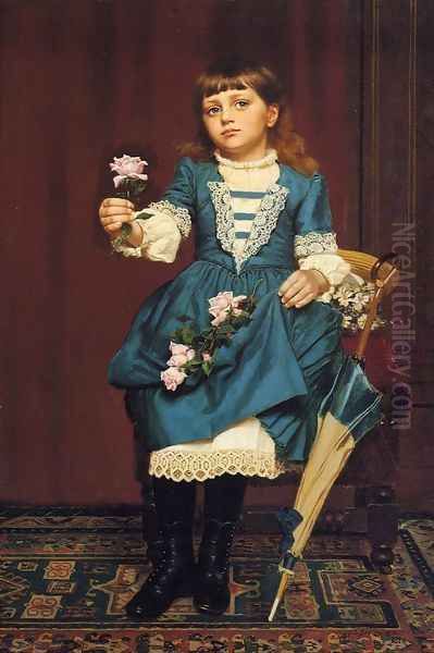 Daisy McComb Holding a Pink Rose Oil Painting by John George Brown