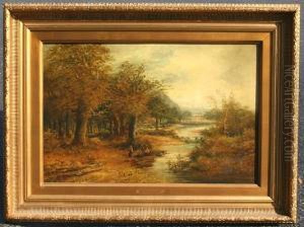 Autumnal Landscape With Figures And Cattle By A Stream Oil Painting by W H Winstanley