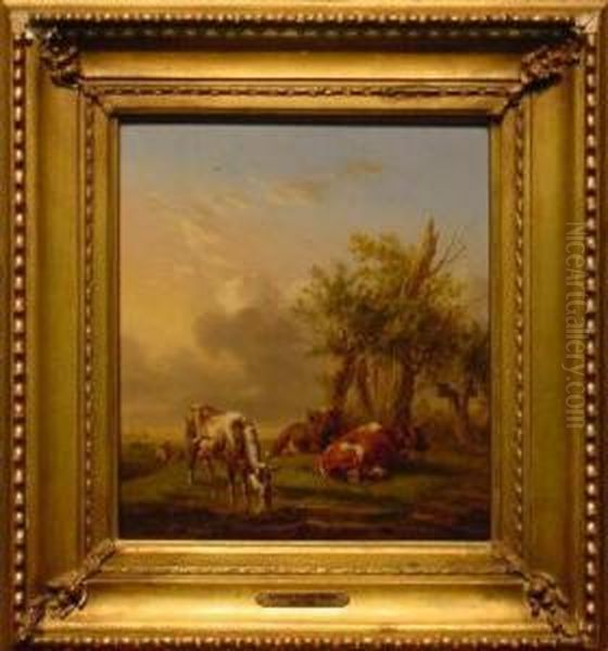 Cows Beside A Watering Hole Oil Painting by Abraham Hendrik Winter