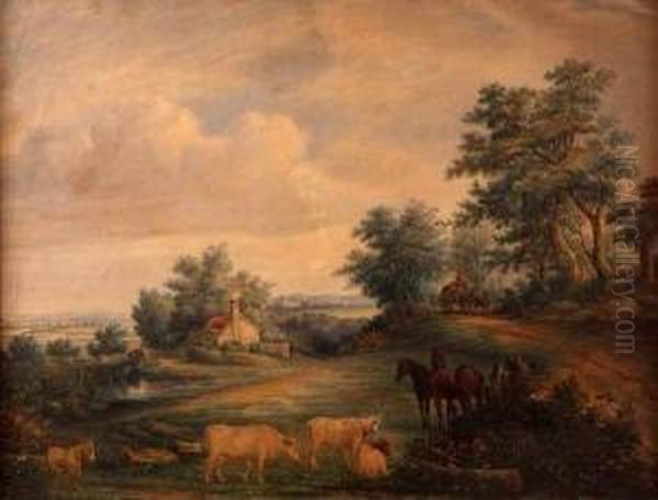 Extensive Landscape With Horses Oil Painting by Cornelius Jansen Walter Winter