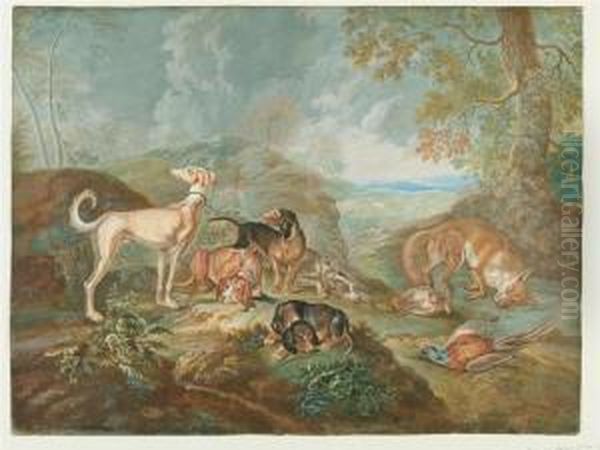 Hunting Still Life With Resting Dogs And Dead Fox, Ca. 1760. Oil Painting by Franz Joseph Winter