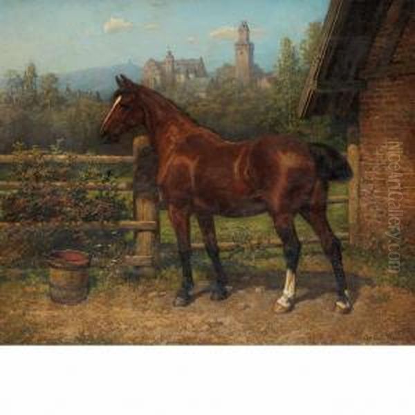 A Bay Hunter Beside A Stable With Castle In The Distance Oil Painting by Heinrich Winter