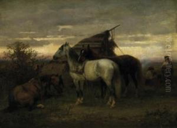 Nomads In The Evening. Signed Lower Left: H. Winter Oil Painting by Heinrich Winter