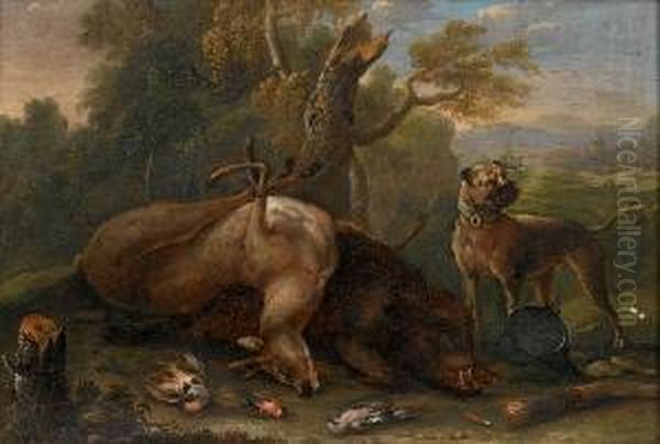 A Dog With A Dead Stag, Hare And Birds In Alandscape Oil Painting by Joseph Georg Winter