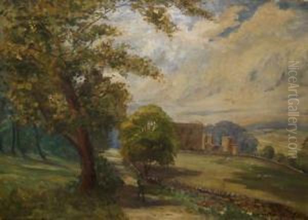 Figure On A Path By Stone Wall With Country House In Distance Oil Painting by Austin Winterbottom