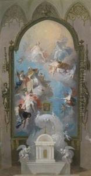 The Apotheosis Of St. Augustine In A Gothicising Oil Painting by Josef Winterhalder