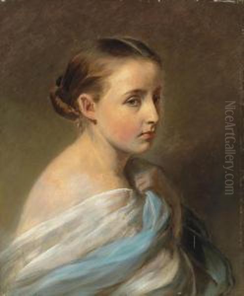 Portrait Of A Girl, Head And Shoulders, Draped In A Blue And White Wrap Oil Painting by Franz Xavier Winterhalter