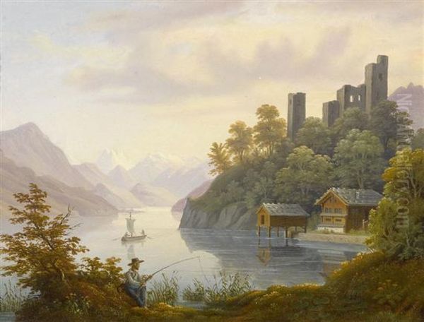 Lake Lucerne With The Stanserhorn And The Pilatus Oil Painting by Anton Winterlin