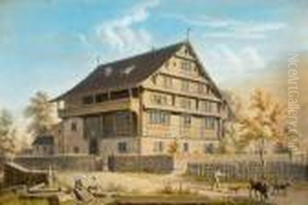 Innerschweizer Bauernhaus Mit Personen Und Vieh.zwei Wurmlocher Und Ein Kleiner Fleck, Sonst Sauberes Blatt. Oil Painting by Anton Winterlin