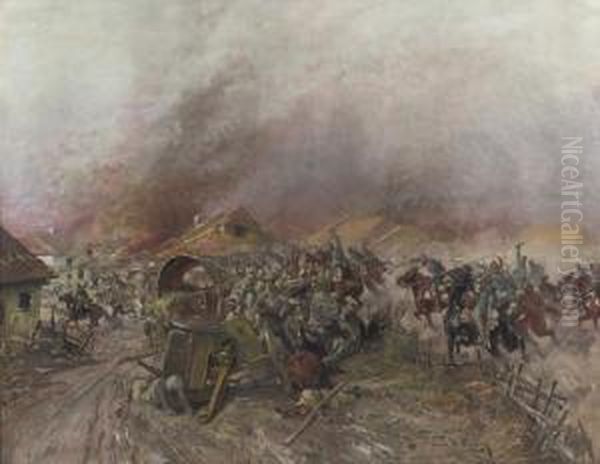 An Austrian Uhlan Regiment Attacking And Dispersing Murderous Andlooting Russians, In A Wolynian Town Nearby Cholm In 1915 Oil Painting by Leonard Winterowski