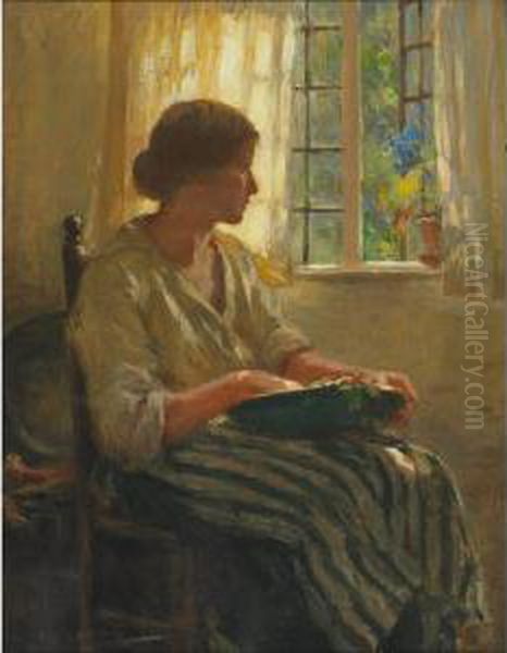 Woman By A Window Preparing Vegetables Oil Painting by Arthur Wintershaw