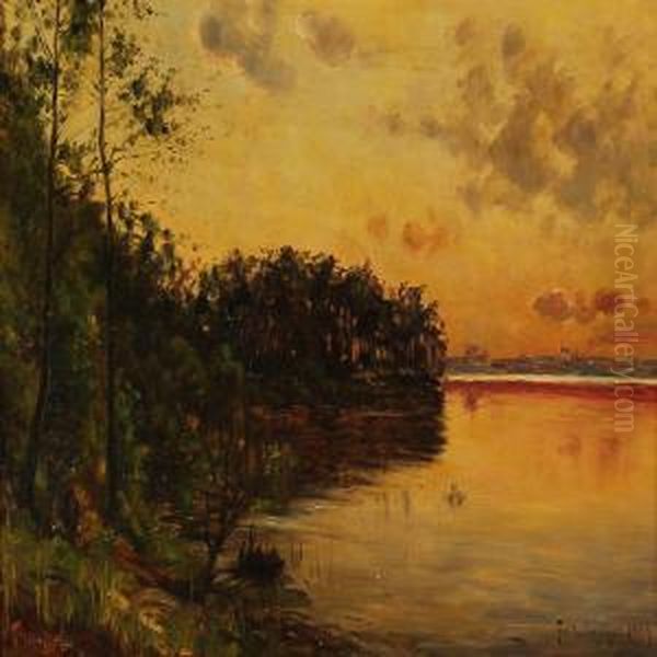 Coastal Scene With A Town In The Background Oil Painting by Frederik Winther