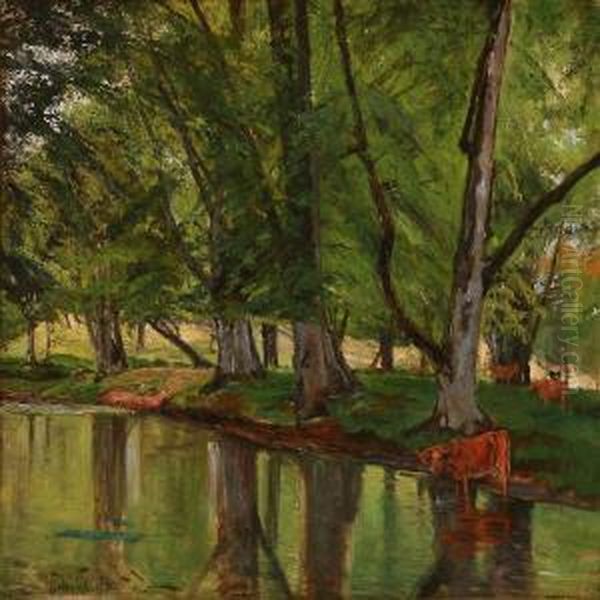 Forest Scene With Cows At A Stream Oil Painting by Frederik Winther