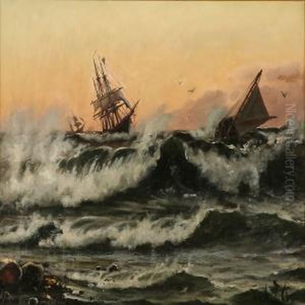 Sailing Ships In High Waves Near A Coast Oil Painting by Frederik Winther