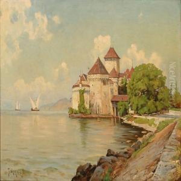 Chateau De Chillon At Lake Geneva In Switzerland Oil Painting by Frederik Winther