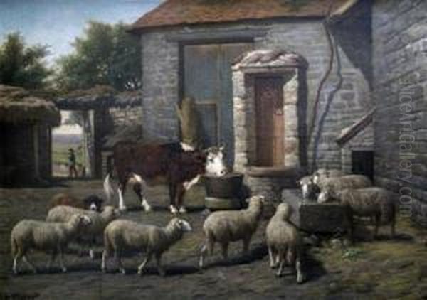 Sheep And Cattle In A Farmyard Oil Painting by Wilhem, Guillaume Wintz