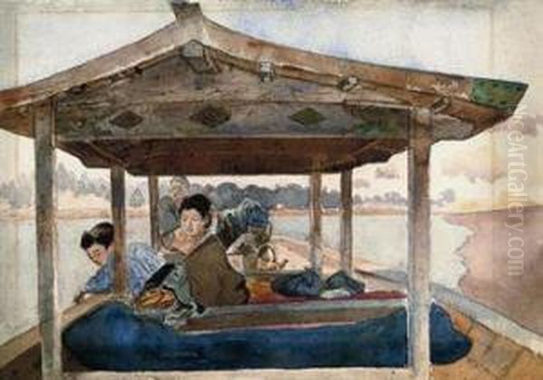 Japanese Figures On A Boat Oil Painting by Charles A., Wirgman Jnr.