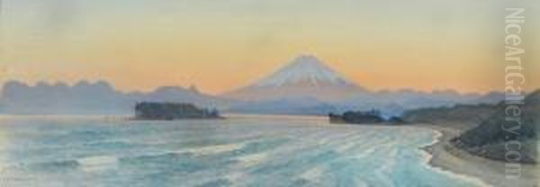 Mount Fuji From Shichirigahama Beach, Japan; A Japanese Garden In Bloom Oil Painting by Charles A., Wirgman Jnr.