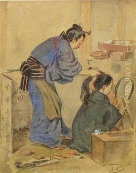 Two Japanese Figures In An Interior Oil Painting by Charles A., Wirgman Jnr.