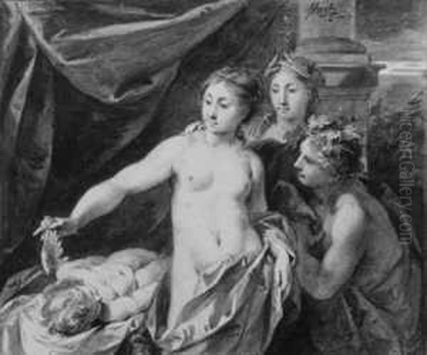 Der Schlummernde Amor, Von Psyche Betrachtet (nach Apulejus). Oil Painting by Johann Wirtz