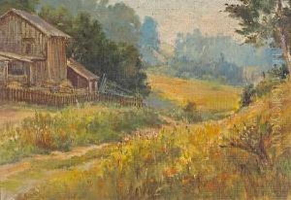 A Farmhouse And Poppies, Thought To Be Marincounty Oil Painting by Jack Wisby