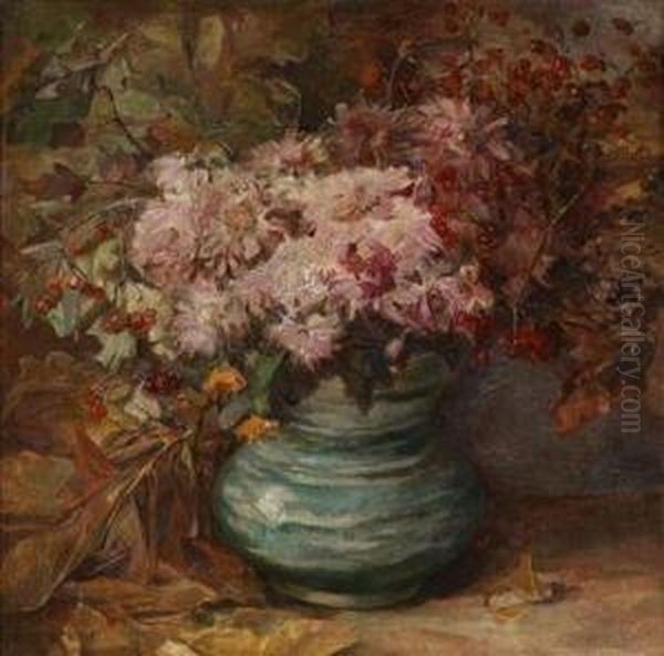 Bouquet Of Flowers With Chrysanthemums And Marigolds In Avase Oil Painting by Olga Wisinger-Florian