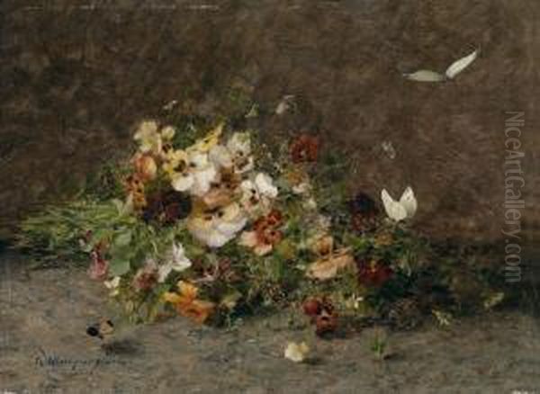 Pansies And Butterflies Oil Painting by Olga Wisinger-Florian