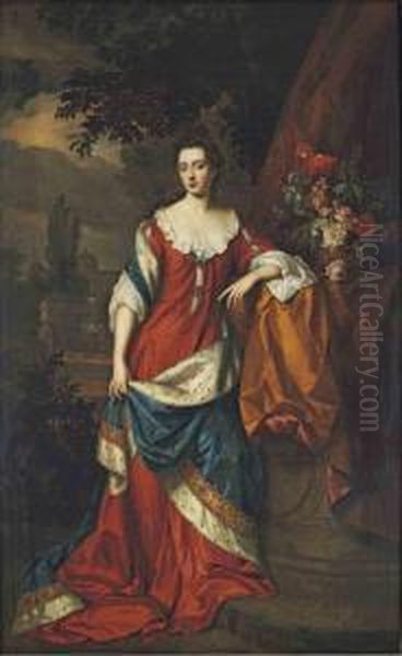 Portrait Of Francis Thynne, Lady Worsley, Full-length, In A Red Dress And A Blue Ermine-lined Mantle, A Domed Mansion In A Garden Beyond With Identifying Inscription 'franks Thynne Lady Worsley' (lower Right) Oil Painting by William Wissing or Wissmig