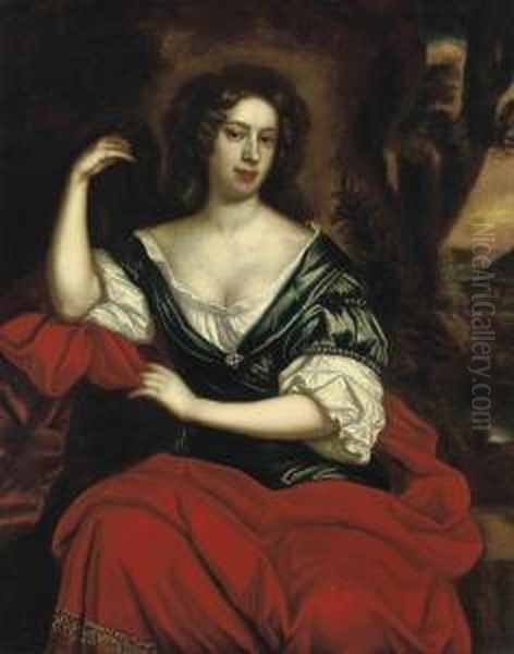 Portrait Of A Lady, Half-length, In A Green Dress And Red Wrap,seated In A Landscape by William Wissing or Wissmig