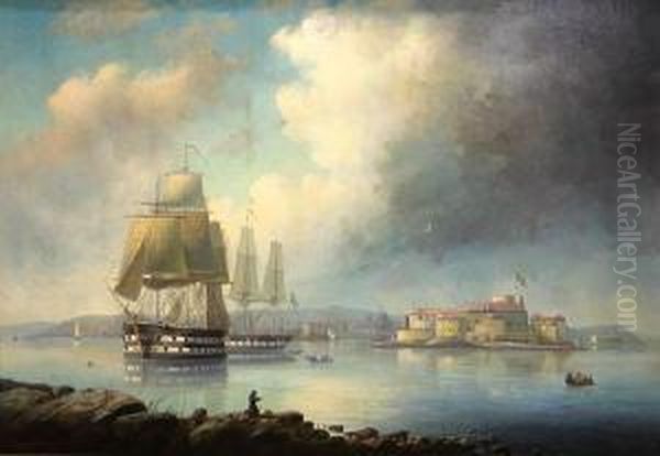 Ships In A Swedish Harbor With A Castle Beyond Oil Painting by Alfred Wistrom