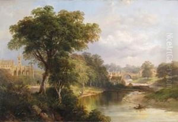 Figures In A River Landscape With An Abbey And A Town Beyond Oil Painting by William Frederick Witherington