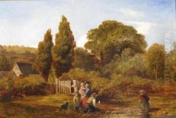 Children Playing At A Stream By A Garden Gate Oil Painting by William Frederick Witherington