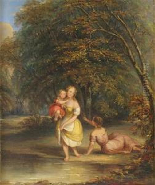 Landscape With Women And A Girl Bathing Oil Painting by William Frederick Witherington