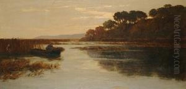 Extensive River Landscape, With Figure In Boat In The Foreground Oil Painting by Alfred Withers