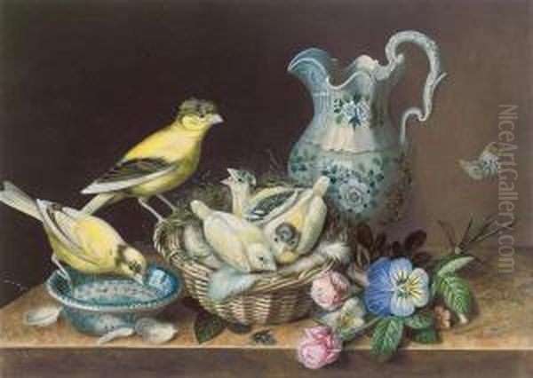 Still Life Of Two Canaries, A Nest Of Chicks, A Butterfly, Flowersand A Jug Oil Painting by Augusta Innes Withers