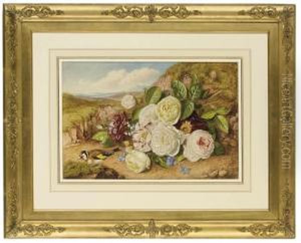 A Still Life Of Roses And A Chaffinch In A Landscape Oil Painting by Augusta Innes Withers