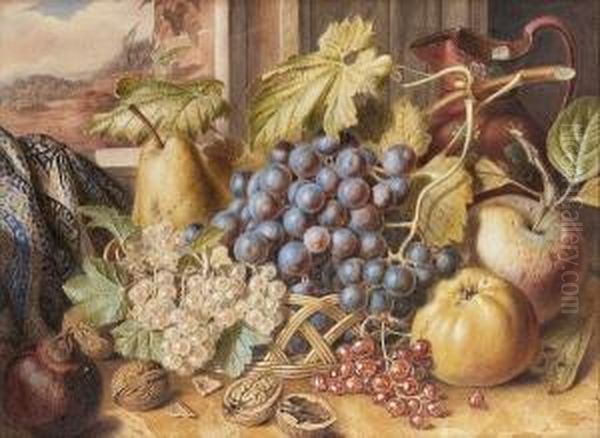 Still Life With A Jug, Apples, Pears, Grapes, Redcurrants, Blackcurrants, Walnuts And Pomegranates Oil Painting by Augusta Innes Withers