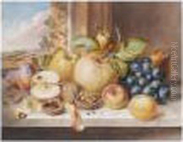 Still Life With Fruit And Walnuts On A Marble Ledge Oil Painting by Augusta Innes Withers